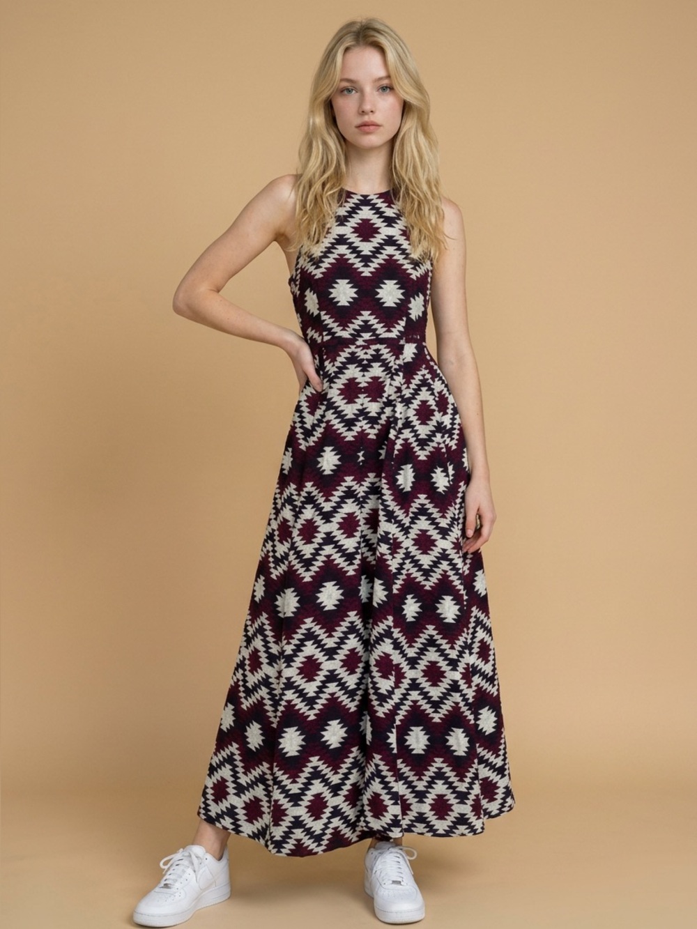 Sleeveless Geo Print Maxi Dress in Burgundy & White